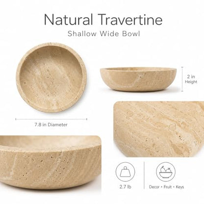Natural Travertine Decorative Bowl for Coffee Table – 7.8”Handmade Beige Stone Fruit Bowl, Key Bowl for Entryway Table, Modern Catchall Tray, Vanity Jewelry Dish, Rustic Home Decor Centerpiece