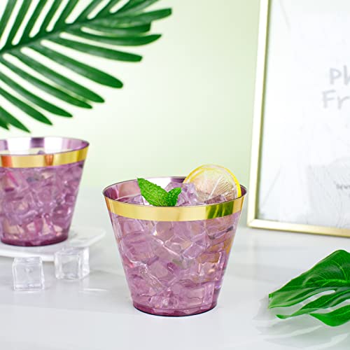 LUODA 150PCS Purple Plastic Cups,9oz Purple Disposable Cups with Gold Rim | Old Fashioned Tumblers Gold Rimmed Purple Plastic Cups,Unbreakable cups for Any occasion: Weddings, Parties, Business Events - color: Purple