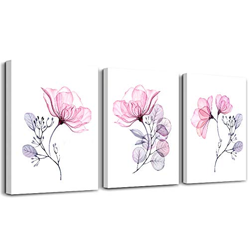 3 Piece Modern pink red Flowers Canvas Wall Art for Bedroom Living Room decor,Bathroom Wall Decor,3 Panels framed Wall Watercolor Painting Kitchen Home Decoration Canvas Print Artwork Wall Mural - color: Watercolor Flowers And Leaves, size: 12x16inches*3p