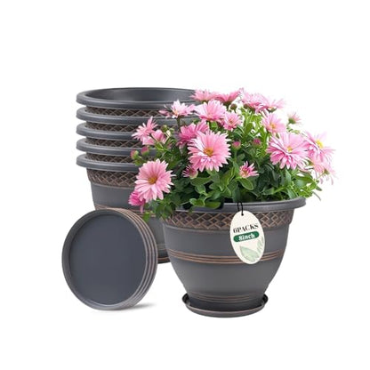 8 Inch Plaid Plant Pots 6 Pack with Drainage and Saucers Copper | Copper plaid PP pots with drainage holes and saucers for herbs succulents starter plants shelves windowsills - color: Copper, size: 8 Inches-6 packs