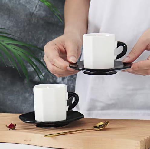 Bacimi® Mini Ceramic Espresso Cups with Saucer - Set of 4/2.7oz / 80ML - Small Drinking Cups with Handle - Dishwasher & Microwave Safe - Modern Italian Inspired Mugs for Coffee, Cocoa