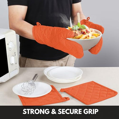 Oven Mitt (7"x13") & Pot Holder (8"x8") 100% Cotton Set of Heat Resistant Oven Gloves & Hot Pads for Gifts, BBQ, Cooking, Baking, Thanksgiving - Orange - color: Orange