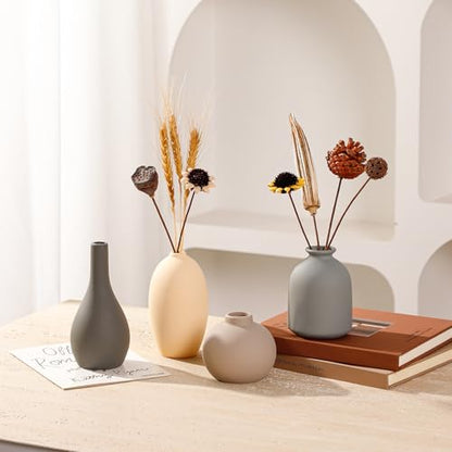 Ceramic Vase Set of 4 Small Vases Home Decor Modern Rustic Farmhouse | Pottery Decorative Flower Vases for Pampas Grass Dried Fresh Flowers, Living Room, Bedroom, Table Centerpiece, Mantel, Shelf