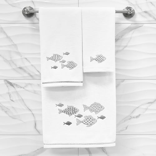 Treasure 4-Piece Premium Towel Set, Sparkling Applique Fish, Ultra Plush Turkish Cotton, Durable, Perfect for Bathroom, 2 Bath 2 Hand Towels, White - color: White, size: 2 Pcs Bath 2 Pcs Hand Towel