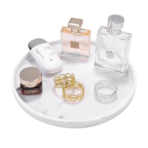 Luxspire 10.63" Resin Marble Round Bathroom Vanity Tray, Marble White | Waterproof sturdy resin, easy wipe clean, holds perfume, jewelry, candle for bath kitchen dresser decor - color: Marble White, style: Round 10.63"