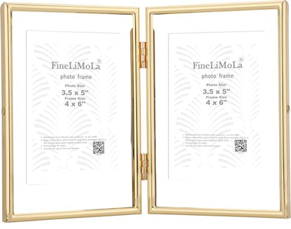 Gold 4x6 Double Floating Frame for Photo Sizes(2x3'',3.5x5''),Classy Metal Rounded Edge Frame Adjustable Tabletop/Shelf Photo Frame,for Wedding,Christmas,Home or Office Decor. - size: 4x6'' (Double)