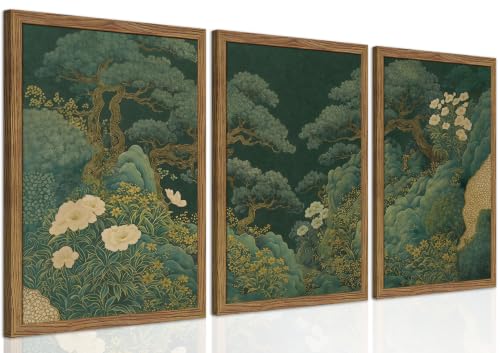 Vintage Pine Wall Art Set of 3, Pine Trees, Flowers and Mountains Print | Framed Canvas Wall Art, Elegant Botanical Landscape Artwork, Retro Nature Wall Decor for Living Room Bedroom Study, 16x24in - color: Pine & Peony Garden, size: 24"L x 16"W