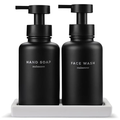 MaisoNovo Glass Foaming Soap Dispenser 14 Oz | Glass Bottles Pumps x 2 Black with Tray - color: Black Bottles/Black Plastic Pumps/Ceramic Tray