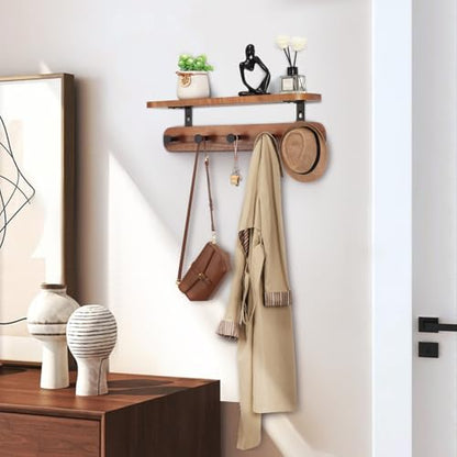 Coat Rack Wall Mount with Shelf, 17" Walnut Wood Wall Shelf with Hooks, Entryway Floating Shelves with 5 Metal Hangers for Coats, Backpacks, Living Room, Bedroom, Bathroom