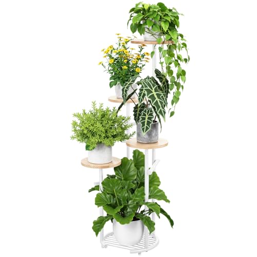 TOSKING 5-Tier Corner Plant Stand, 42-Inch Wood & Metal Shelf, Oak & White | Space-Saving Round Vertical Plant Shelf for Multiple Plants, Heavy-Duty Metal Design for Indoor & Covered Outdoor Living - color: White and Wood, size: 5tier Rd