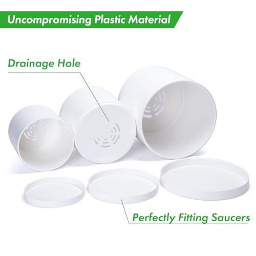 D'vine Dev 3-Pack Plastic Pots & Saucers, 6.5/8/10 in, White, 74-V-A-4 | Multi-Size Options, Lightweight Durable, Matte Finish, Cylinder Shape, Drainage Holes, Sleek Design, Detachable Saucer - color: Matte White, size: Large