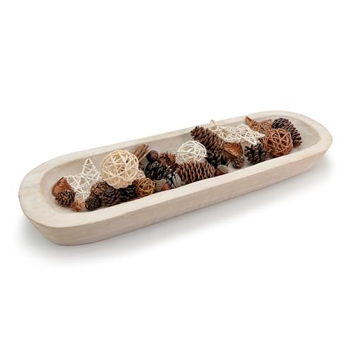 17" Wooden Dough Bowls Decorative，Unique Centerpiece Bowl, Rustic Long Wood Bowl with Hand Carved for Table Centerpiece Decor, Farmhouse Boho Rustic Style Home Decor (17 x 5 x 2 Inch White) - color: 17x5x2 inch White
