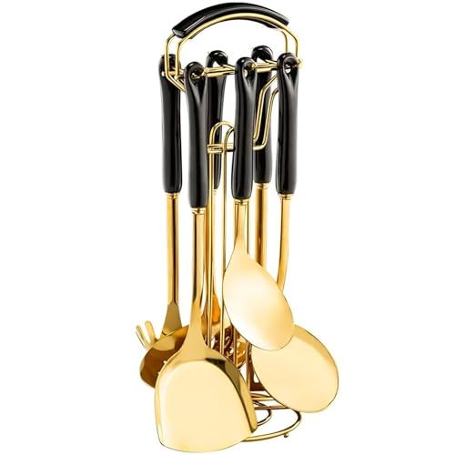 Novellus Stainless Steel Gold Kitchen Utensils Set with Holder, 7pcs Kitchen Accessories for Cooking, Household Utensils Includes Soup Ladle, Spatulas, Slotted Spoon, Pasta Spoon, Black & Gold - color: Black & Gold