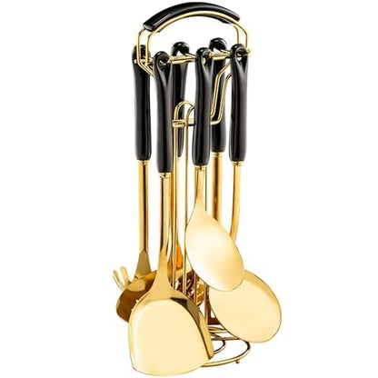 Novellus Stainless Steel Gold Kitchen Utensils Set with Holder, 7pcs Kitchen Accessories for Cooking, Household Utensils Includes Soup Ladle, Spatulas, Slotted Spoon, Pasta Spoon, Black & Gold - color: Black & Gold