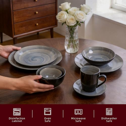 Stoneware Sonoma 56pc Dinnerware Set, Black + Speckled Spin Wash Grey - color: Gray
