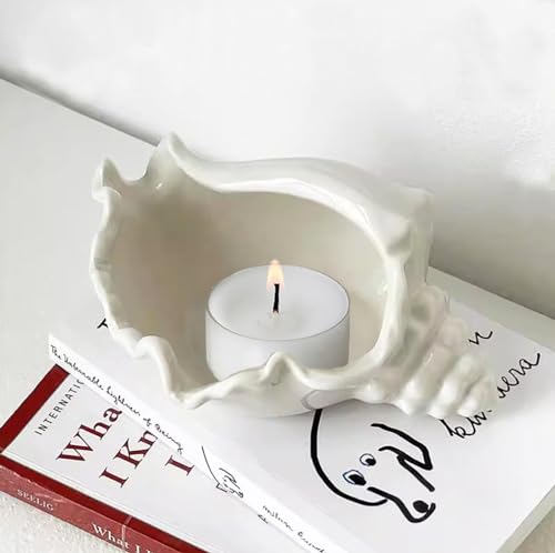Conch Shell Tea Light Candle Holder, Shell Jewelry Dish, Ocean Coastal Beach Themed Ceramic White Sea Shell Jewelry Tray Dish Candy Dish Key Holder for Table Home Party Décor