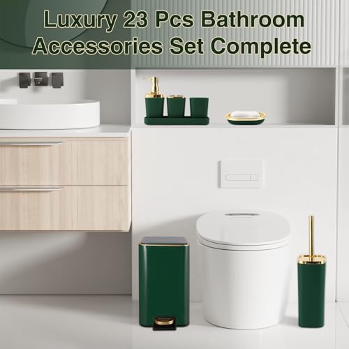 Bathroom Sets with Shower Curtain and Rugs Bathroom Accessories Set Dark Green Bathroom Set,Soap Dispenser & Toilet Brush Holder Set with Stainless Steel Trash Can(23 PCS) - size: Dark Green, style: Bath Set+Waffle Shower Curtain+Bath Rugs