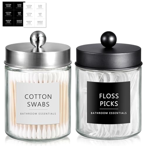 SheeChung 2-Pack Qtip Holder Dispenser - Glass Apothecary Jars with Rust-Proof Stainless Steel Lids - Modern Farmhouse Bathroom Vanity Organizer for Cotton Swabs, Balls, Pads(Black&Brushed Nickel) - color: Black& Nickel, size: 2 pack