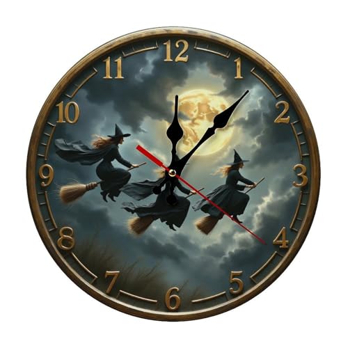 Wall Clock, Gothic Witch Flying on Broomstick Non Ticking Wall Clocks Battery Operated, Dark Green Wooden Wall Clocks for Living Room, Bedroom, Office Decorative 10 Inch - color: Style-3