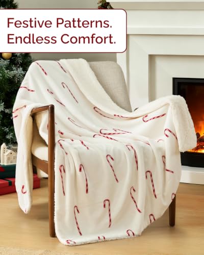 Christmas Sherpa Blanket Throw Size, Reversible Blanket - Candy Cane, 50x60 | Super Soft Double Sided Throw for Bed, Sofa, Couch, Reversible Sherpa Fleece Blanket, Thick, Warm, Plush, Xmas Winter Bedding - color: 04 - Candy Cane