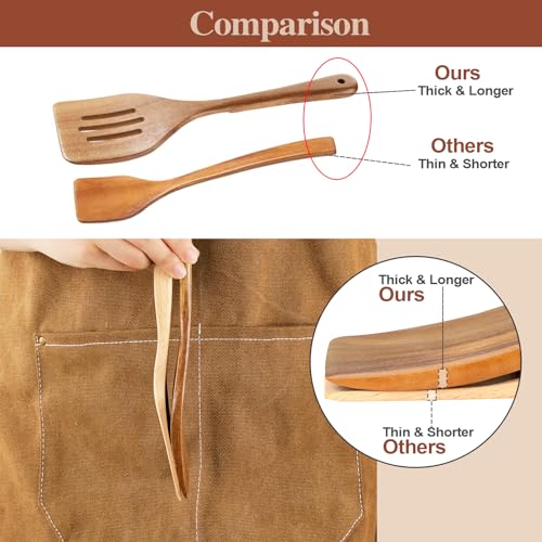 Wooden Cooking Utensils, 6 Pieces Natural Acacia Wooden Spoons For Cooking with Non Stick & Heat Resistant Design, Wooden Kitchen Utensil Set with Hanging Hole for Stirring, Mixing, Cooking - color: Natural