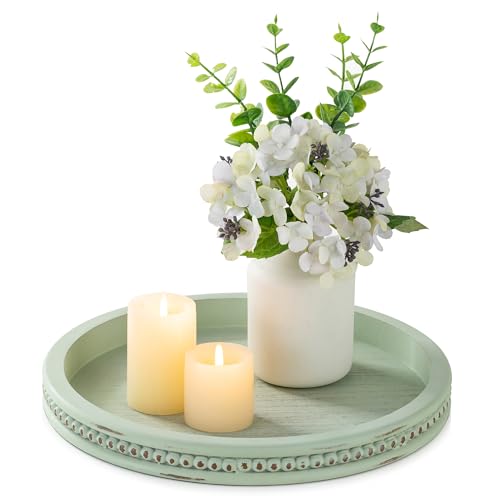 Hanobe Sage Green Decor Tray, Beaded Edge & Distressed Finish | 10.4" round wood tray for candle display, for coffee table centerpiece, living room, bedroom, kitchen. - color: Sage Green