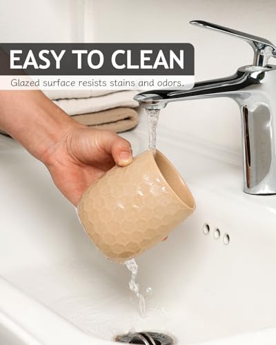 Toothbrush Holder, Tooth Brush Holder for Bathroom - Ceramic Toothbrush Cup Toothbrush Holders Countertop, Khaki Makeup Brush Holder Pen Holder, 3.62" x 3.62" x 3.93", ANTIS'S HOME - color: Khaki, size: Honeycomb