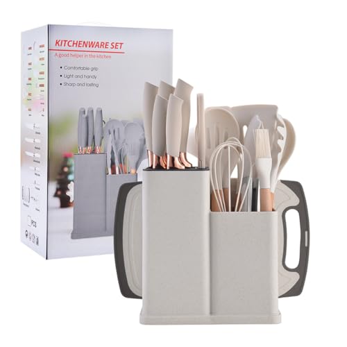 19 Pieces Kitchen Utensils and Knife Set with Block, Inldued 9 Pieces Silicone Cooking Utensils Set 5 Pieces Sharp Stainless Steel Chef Knives Scissors Whisk Tongs and Cutting Board (BEIGE) - color: Beige