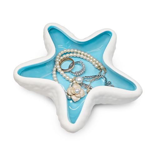 Starfish Jewelry Dish for Coastal Bathroom Decor, Ceramic Trinket Tray and Ring Holder with Glossy Blue Glaze, Beach Decor for Bedroom or Guest Room, Gift for Women - color: Blue