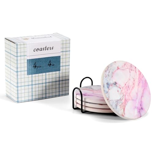 Cute Pink Marble Coasters Set of 4, 4 Inch Office Aesthetic Absorbent Drink Coasters for Women - color: Pink Marble