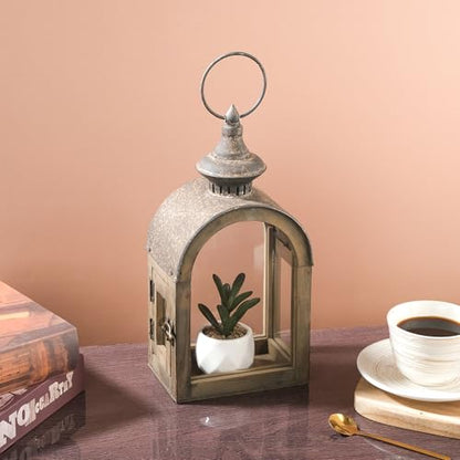 12" High Wooden Dome Lantern Made of Solid Fir Wood and Real Glass in Rustic Brown Finish with Rustic Metal Top, Hurricane Lantern, Farmhouse Lantern (1, Brown, Small) - color: Brown, size: 6"x4.4"