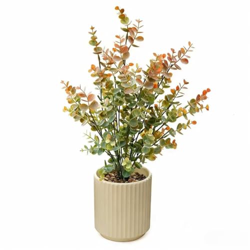 16.5" Artificial Eucalyptus Plant in Beige Ribbed Ceramic Pot Autumn Green and Orange Faux Potted Plant for Home Office Living Room Shelf Table Decor No Watering Needed - color: Plant C