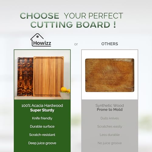 Howizz Solid Acacia Wood 20"x15" Large Cutting Board, Thick 1" Edge Grain Butcher Block For Kitchen, Non Toxic Pre-Oiled Carving Tray, Juice Grooves and Easy Grip Handle Gift-Ready Box - color: Edge Grain, size: 20"L x 15"W