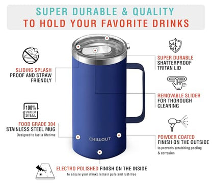 CHILLOUT LIFE Stainless Steel Vacuum Insulated Coffee Mug 20 oz (Set of 2) with Handle and Lid, Large Thermal Camping Coffee Mugs with Sliding Lid for Men & Women, Keeps Your Beverages Hot & Cold - color: Navy Blue, size: 20 Ounces - 2 Pack