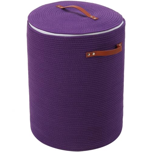 16"x20" Extra Large Cotton Rope Basket with Zipper Lid, Woven Laundry Hamper and Blanket Storage Basket, Round Clothes Bin for Living Room Bedroom, Purple - color: All Purple