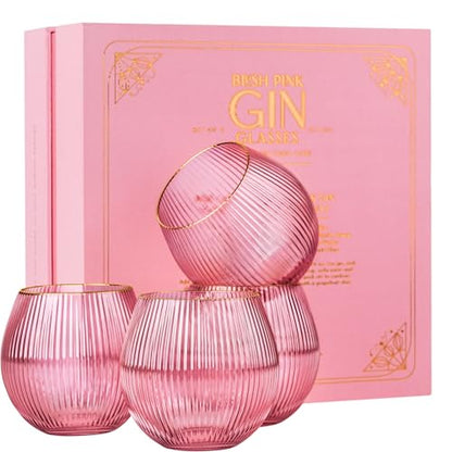 GLASSIQUE CADEAU Vintage Blush Pink Art Deco Gin and Tonic Glasses with Gold Rims | Set of 4 | 13.5 oz Stemless Crystal Balloons for Drinking Gin Cocktails | Retro Gift Goblets for Gin Lovers