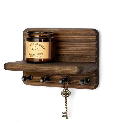 RebeeVision Small Key Holder Wall Mount with 4 Key Hook for Entryway, Brown | 7-Inch, Round Corner, Pine Wood, Small Key Shelf, Compact Storage, Plant Display, Apartment Essential - color: Brown, size: Small-7inch