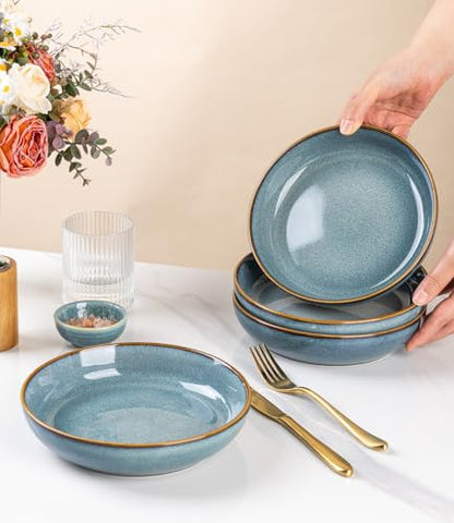GBhome 8.75'' Large Ceramic Pasta Bowls, 38oz Stoneware Pasta Serving Bowls Set of 4 for Kitchen, Wide Bowls for Fruit,Pasta,Salad,Oatmeal,Meal, Microwave Safe, Reactive Glaze-Space Blue - color: Space Blue