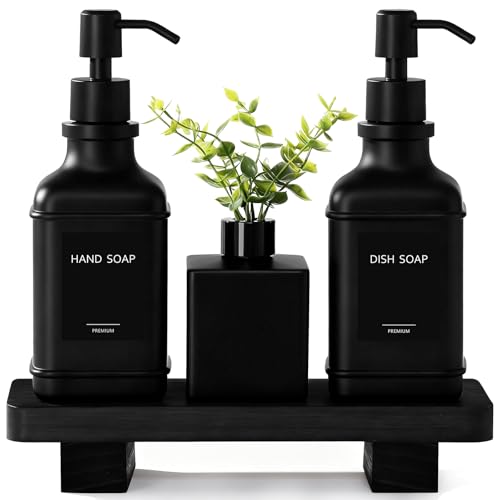 Modern Kitchen Soap Dispenser Set with Wood Tray, Black Glass Soap Dispenser with Pump, Decorative Hand and Dish Soap Dispenser Set, Soap and Lotion Dispenser Upgrade for Kitchen and Bathroom Decor - color: Black