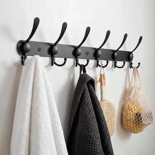 YUNISS Coat Rack Wall Mounted，6 Tri Stainless Steel Coat Hook for Coat Hat Robes Towel in Mudroom Entryway (Black, 2 Pack 6) - color: Black, size: 2 Pack 6