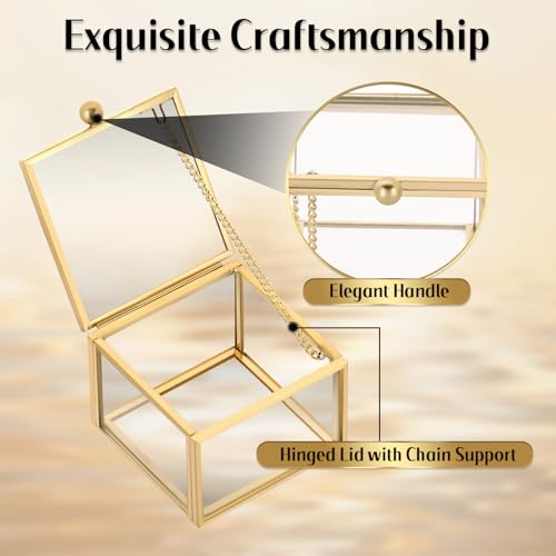 MYFULLY Vintage Gold Glass Jewelry Box 2.36"x 2.36"x 1.77" | Small Square Lidded Keepsake & Trinket Box for Rings, Earrings, Bracelets, Cards, Home and Vanity Display