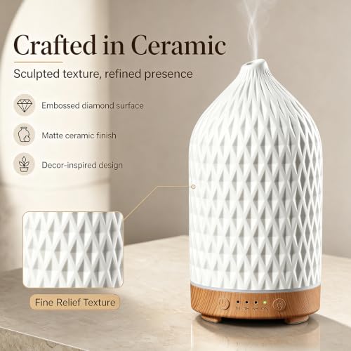 200ML Ceramic Essential Oil Diffuser for Home, Stone Diffuser | Ultrasonic Aromatherapy Diffuser & Air Humidifier for Bedroom, Office, Yoga, 7 LED Lights, Auto Shut-Off, 3 Timers, Rhombus - color: Rhombus