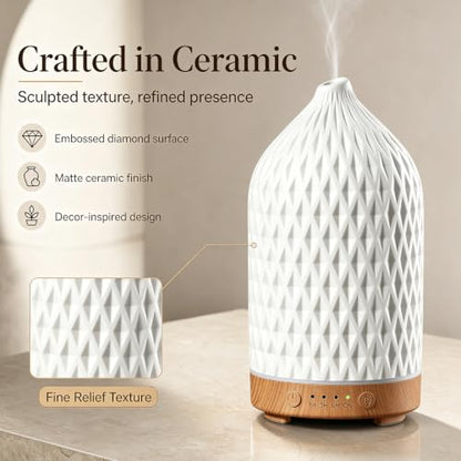 200ML Ceramic Essential Oil Diffuser for Home, Stone Diffuser | Ultrasonic Aromatherapy Diffuser & Air Humidifier for Bedroom, Office, Yoga, 7 LED Lights, Auto Shut-Off, 3 Timers, Rhombus - color: Rhombus