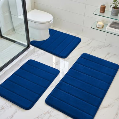 BYSURE Navy Blue Memory Foam Bathroom Rug Set 3 Piece, Non Slip Extra Soft Absorbent Bath Mats, Machine Washable & Dry Toilet Mat Sets for Bathroom Floor | Non Slip Extra Soft Absorbent Machine Washable Toilet Bath Toilet Mat 17"x24"+20"x32"+U Shape 20"x2