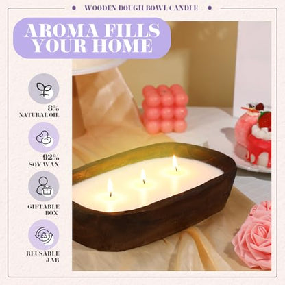 Threlaco 2 Pack Wooden Dough Bowl Scented Candle,Lavender | 3 Cotton Wicks for Even Burning, Natural Soy Wax Blend, Farmhouse Table Centerpiece, Rustic Wooden Bowl Candle Gift Set