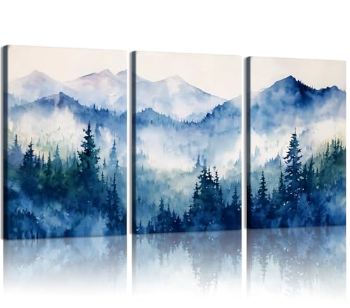 GYYLGYY 3 Pcs Watercolor Natural Misty Mountain Forest Canvas Wall Art | 16x24Inch Framed Landscape Prints Tranquil and Natural Blue Tones Wall Decor for Living Rooms Offices Bedroom - color: Watercolor Landscape Wall Art, size: 24"L x 16"W