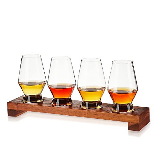 Viski Spirit Tasting Flight Set, Crystal Glass Set with Wooden Tray for Bourbon, Scotch, Gin, Brandy or Liquor, Elegant Drinkware for Home Bars, Whiskey Flights, and Barware Collections - style: Tasting Flight Set