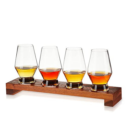 Viski Spirit Tasting Flight Set, Crystal Glass Set with Wooden Tray for Bourbon, Scotch, Gin, Brandy or Liquor, Elegant Drinkware for Home Bars, Whiskey Flights, and Barware Collections - style: Tasting Flight Set