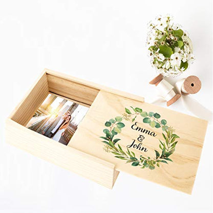 Koyal Wholesale Custom Eucalyptus Wreath Couple Names Wedding Keepsake Box, 4 x 6 -inch, Natural Wood - color: Eucalyptus Wreath