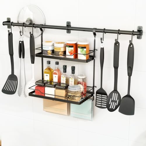 NADAMOO Spice Rack Wall Mount, 2-Tier Storage Shelf with Utensil Hanger | Adjustable Shelf & Hooks, Holds 40 lbs, Black Metal Vertical Storage Organizer Fits Kitchen Bathroom Laundry Coffee Bar